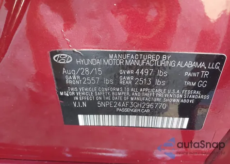 2016 Hyundai Sonata Se z USA, uszkodzony, nr VIN 5NPE24AF3GH296770